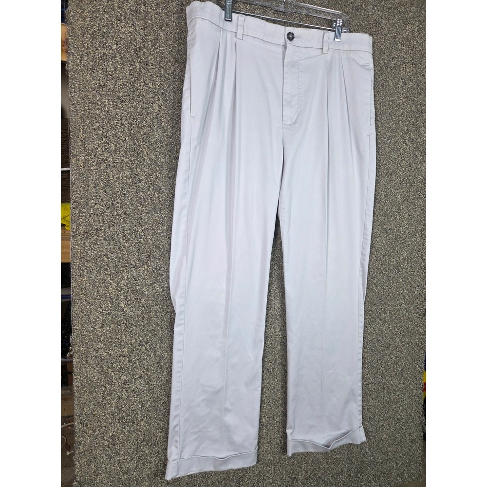 Roundtree & Yorke Total Flex Pants Mens 36x30 Gray Pleated Cuffed Chinos - Picture 2 of 8